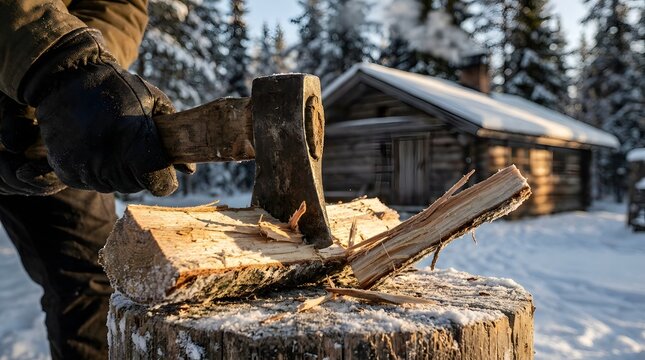 Close up of hands in winter gloves splitting a wooden log with a sharp axe on a stump covered in snow, with a cozy rustic cabin and pine trees in the background during a cold winter day.
