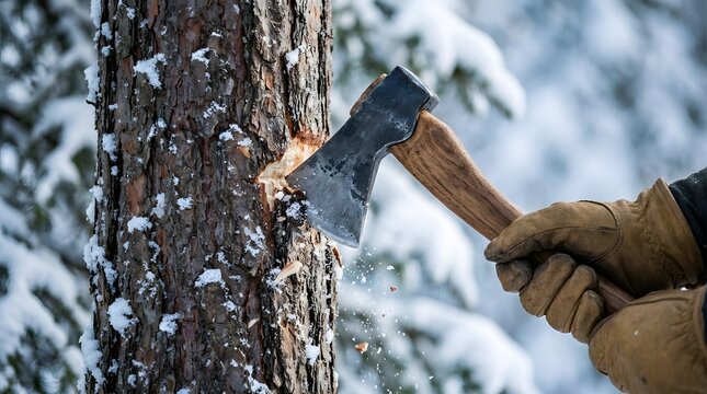Close-up of a person wearing leather gloves using a sharp axe to chop a pine tree trunk in a snowy winter forest, with wood chips flying in the air during lumberjack work in nature.