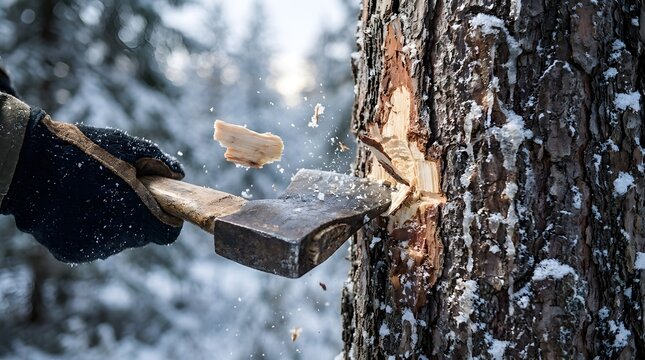 Close up of a person's hand in a warm glove using a sharp axe to cut into a pine tree trunk in a snowy winter forest, with wood chips flying in the air during outdoor survival or logging activity.