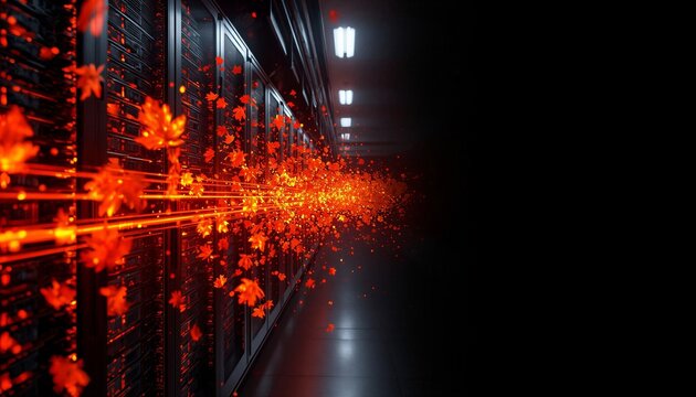 3D Dark Mode Server Racks Emitting Glowing Holographic Autumn Leaves