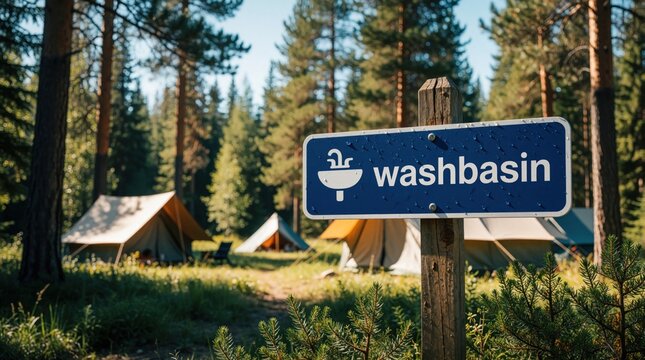 Blue sign with washbasin icon marks camping hygiene facility in forest. Outdoor campground with white tents, pine trees under sunny sky. Travelers find water station for cleaning, personal care
