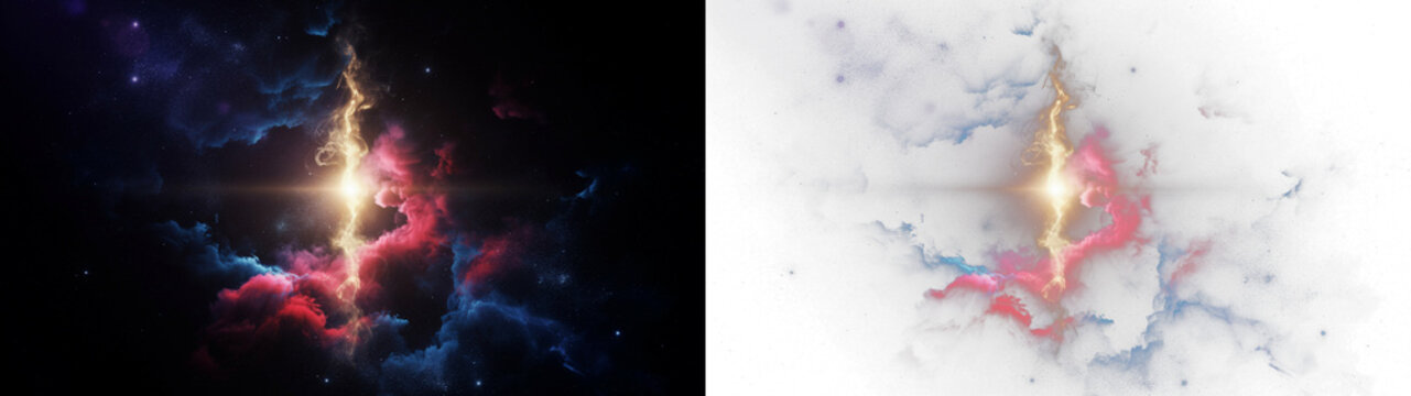 Abstract cosmic nebula with glowing golden light and vibrant red and blue clouds in deep space, celestial background for science and fantasy themes isolated on transparent background