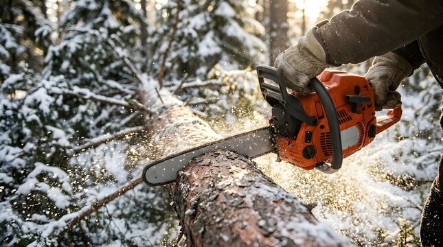 Professional lumberjack in protective gloves uses a powerful orange chainsaw to cut a fallen tree trunk in a beautiful snow-covered winter forest during golden hour, with sawdust flying.