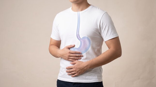 Man holding stomach with anatomical overlay showing digestive system, illustration of gastritis or ulcer pain, medical health concept for gastroenterology diagnosis, internal