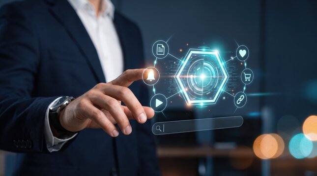 Businessman interacting with futuristic holographic user interface displaying hexagonal icon and digital symbols, touching virtual screen in high tech office environment with