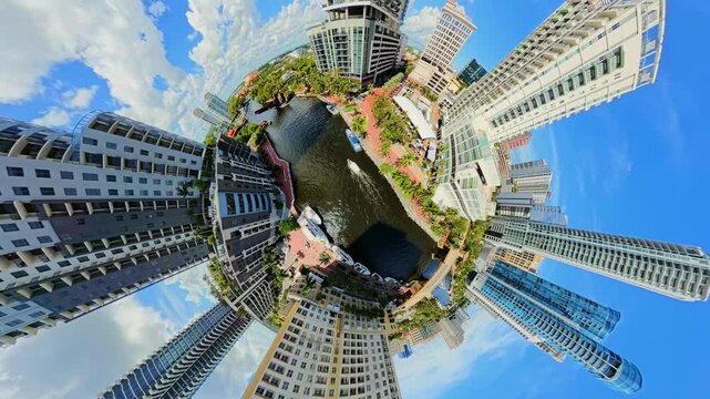Tiny planet with tall towers Fort lauderdale New River aerial video