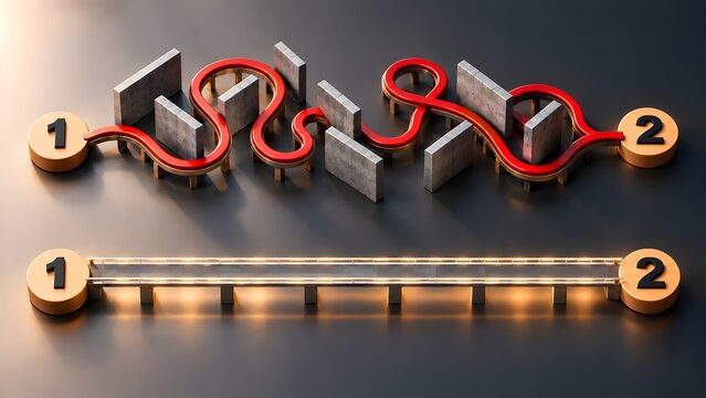 3D complex maze vs straight path concept representing business strategy efficiency and direct problem solving comparison