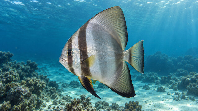 Silver Batfish with Tall Fins in Clear Blue Water