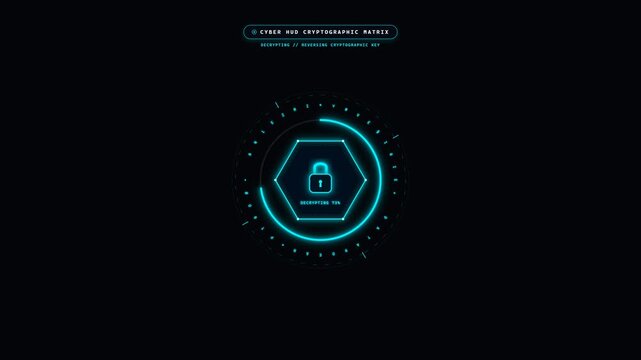 Neon HUD encryption panel with spinning character ring progress arc encrypting then decrypting