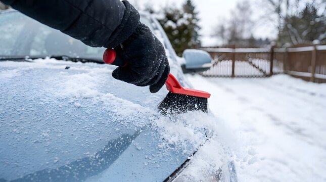 Close-up of a person wearing black winter gloves using a red brush to sweep fresh white snow off the hood and windshield of a blue car during cold winter weather outdoors