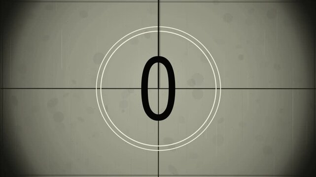 5 Second Countdown Timer Animation 5 4 3 2 1 0, Vintage Black and White Film Leader, Classic Vintage Cinema Countdown 5 to 0 on Monochrome Film
