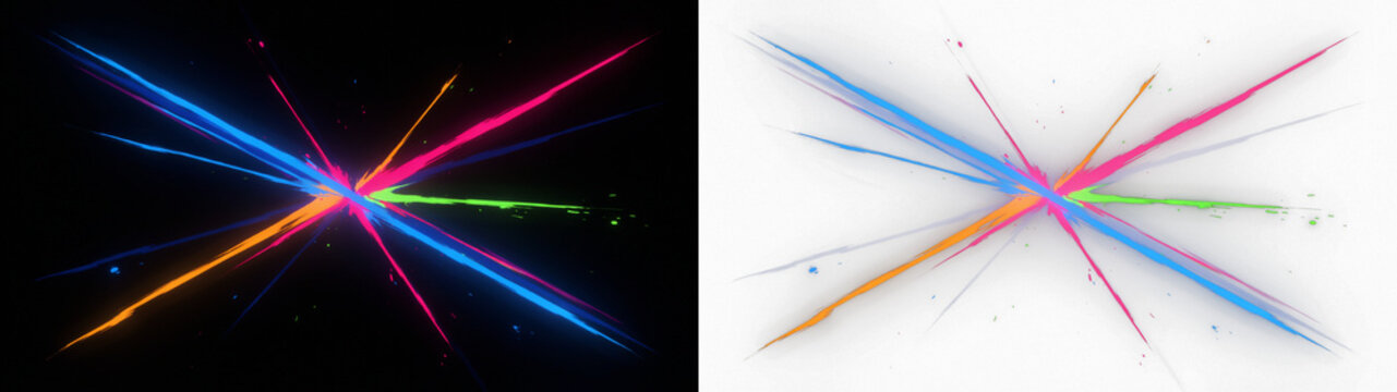 Abstract dynamic light streaks explosion with vibrant neon colors, glowing energy lines radiating from a central point, highspeed motion effect on black background isolated on transparent background