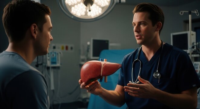 Doctor explains liver anatomy and function to patient in surgical room with medical equipment