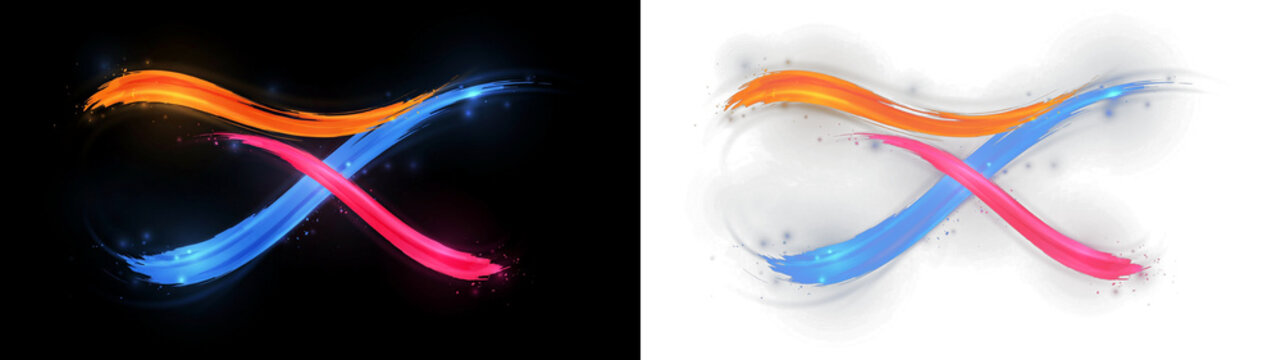 Abstract infinity symbol made of colorful glowing brush strokes, dynamic paint lines with light particles on black and transparent backgrounds