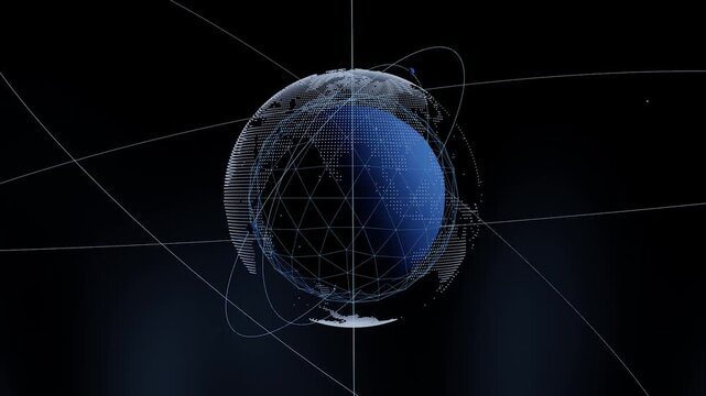 Digital rotating globe wireframe network lines glowing dots world map global connection technology internet data communication futuristic planet earth sphere orbit dark blue background