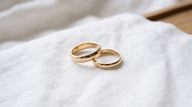 Two golden wedding rings placed on soft white fabric, romantic marriage celebration, engagement ceremony, love and commitment symbol, elegant jewelry detail, happy couple