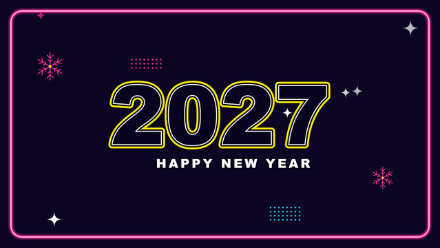 Happy New Year 2027 neon celebration background with glowing typography snowflakes and luminous festive frame design