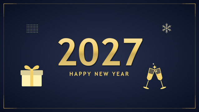 Happy New Year 2027 luxury celebration background with golden typography champagne glasses gift box and elegant festive design