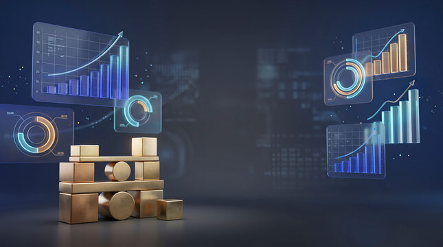 Financial strategy conceptual background with gold geometric balancing blocks and holographic charts
