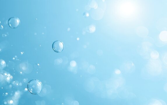 Clear blue water with floating bubbles and bright sunlight, pure fresh aquatic background with soft bokeh for spa, hygiene and wellness design art