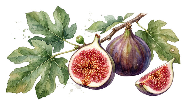 Watercolor fig fruit branch with green leaves, fresh purple figs illustration, botanical drawing for menu design isolated PNG with Transparent Background