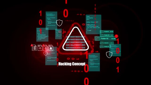 Hacking Concept Animation Showing Glowing Binary Code, Warning Triangle and Security Panels Representing Stolen Information, Password Theft and Network Intrusion