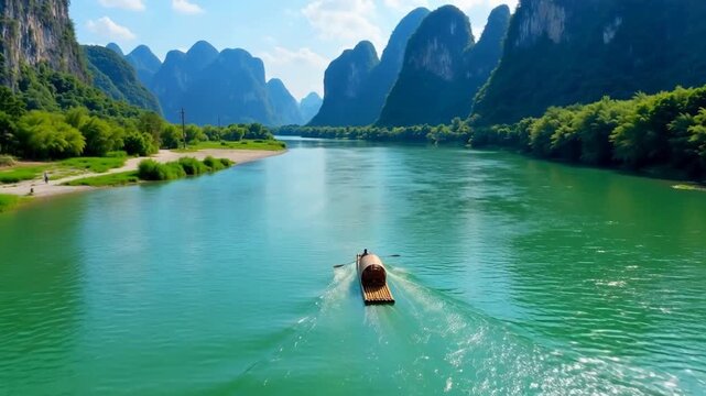 Aerial view of a traditional bamboo raft boat navigating the emerald Li River, surrounded by dramatic karst mountains and lush greenery under a bright blue sky.