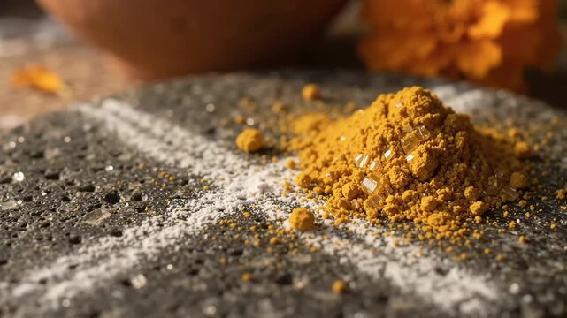 Close up broll shot of vibrant turmeric powder pile and traditional white rangoli line on a textured dark stone surface during Indian diwali festival celebration.