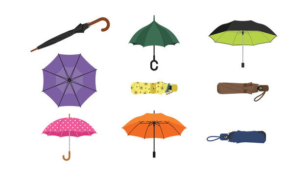 Colorful open and closed umbrella vector icon set featuring diverse weatherproof accessories for rainy season