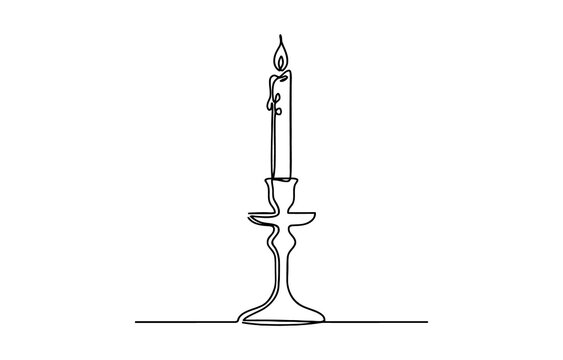 Continuous single line drawing of a burning candle in a vintage candlestick holder isolated on transparent background