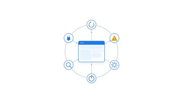 Web application ecosystem integration conceptual diagram with connected digital service icons and copy space