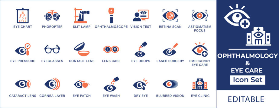 Ophthalmology icon featuring eye chart, phoropter, slit lamp, ophthalmoscope, vision test, retina scan, eyeglasses, contact lens, laser surgery and eye clinic. Flat vector icons.