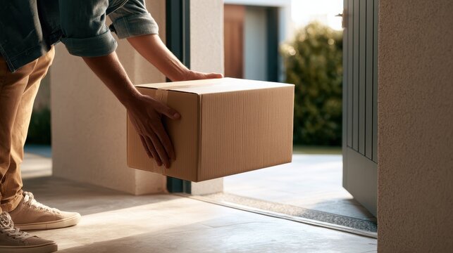 Black Friday courier delivering a cardboard box at a residential