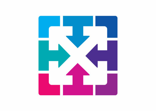 Colorful arrows square frame logo vector design with multi directional pointer symbol for logistics, technology, and business growth