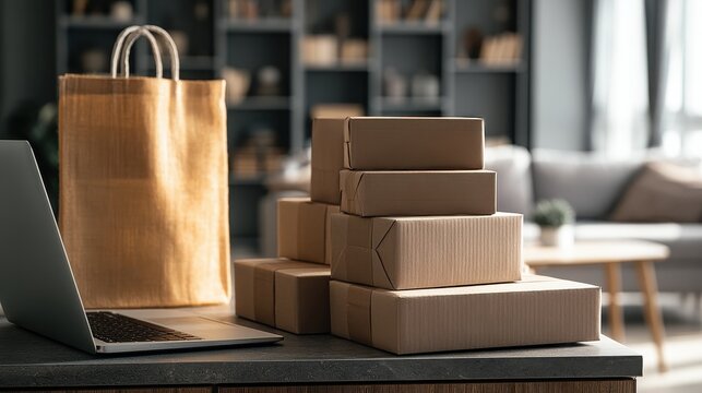 Black Friday shopping with laptop paper bag and cardboard boxes on a
