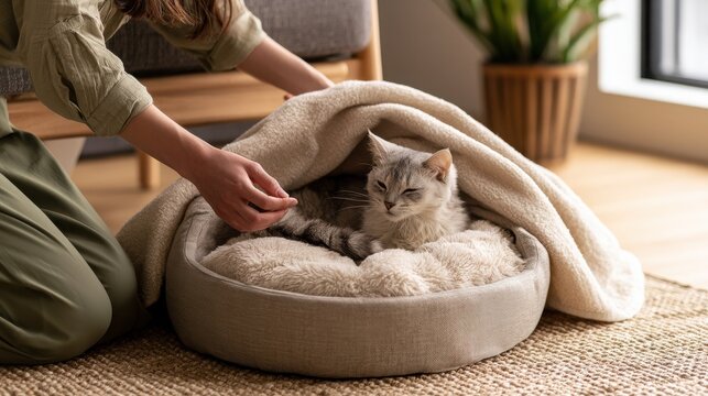 Pet care woman covering a sleeping cat with a soft blanket in a cozy