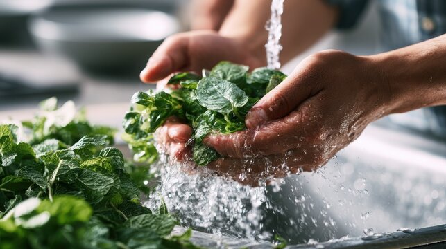 Healthy cooking routine washing fresh green mint leaves under running