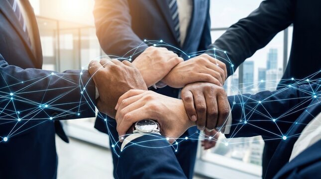 Diverse business team joining hands in unity with digital network overlay