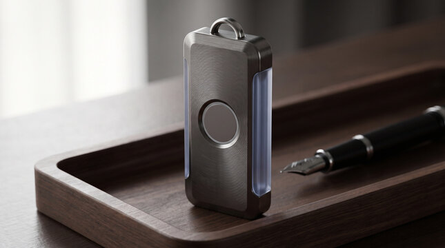 Blank brushed gunmetal cybersecurity hardware authentication key fob mockup with fingerprint scanner pad on walnut wood tray for IT security branding