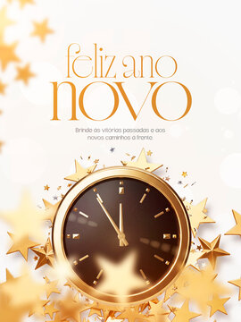 Feliz Ano Novo Com Rel&oacute;gio Dourado Post Card Insta Template Banner