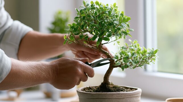 Gardening hobby person pruning a small bonsai tree with scissors for