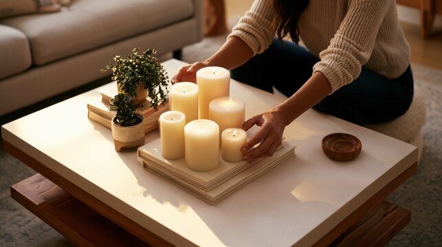 Home decor arrangement with candles books and plants on a coffee