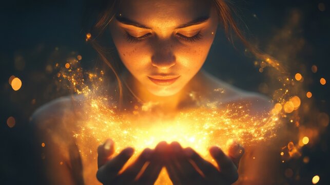 Spiritual mindfulness with glowing energy woman holding light magic