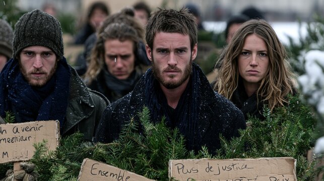 Group of solemn young adults holding evergreen branches and handwritten French signs outdoors in winter, with blurred people and snow covered trees in the background