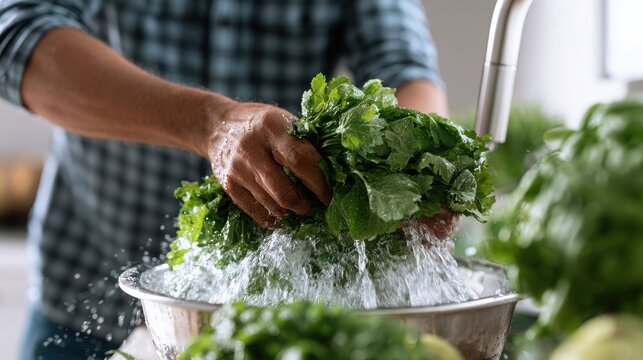 Healthy cooking routine man washing fresh green herbs under running