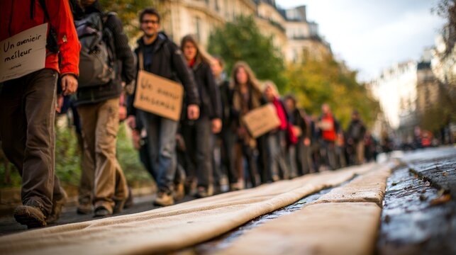 Line of people carrying handwritten signs along a wet city sidewalk beside a curb with historic buildings and shallow depth of field urban street scene