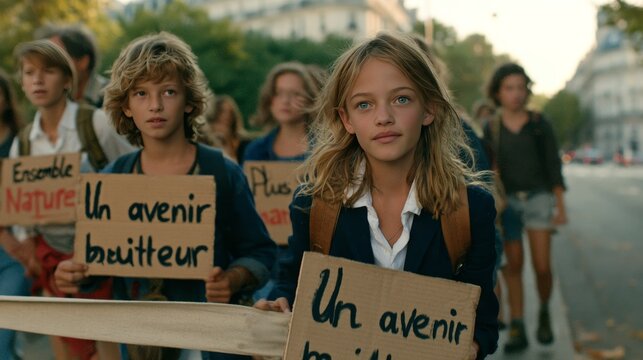 Children holding handwritten signs calling for a better future during an outdoor environmental demonstration on an urban street, documentary style