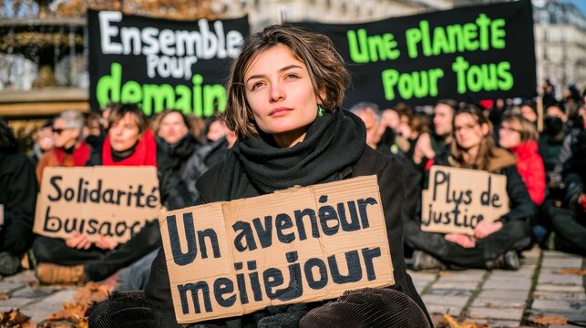 Young woman holding a handmade protest sign reading Un avenir meilleur among a public demonstration with French language banners and gathered people outdoors