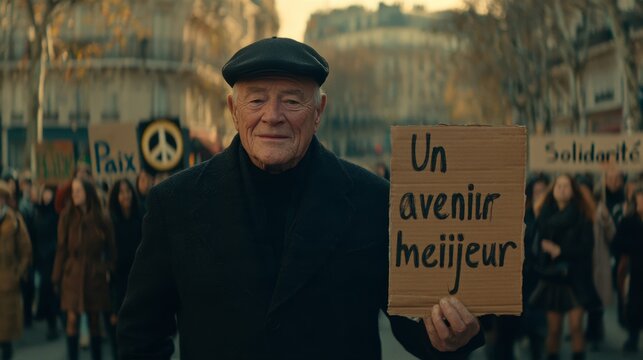Older man holding cardboard sign reading Un avenir meilleur at a peaceful public demonstration in a European city street, documentary style portrait