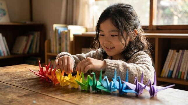 Young girl arranging colorful origami cranes in a rainbow pattern on a wooden table